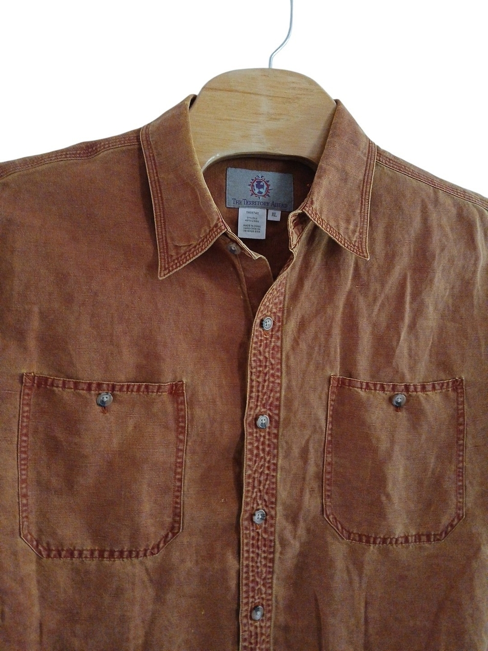 The Territory Ahead VTG Burnt Orange Silk/Linen‎ Collar Shirt Mens XL